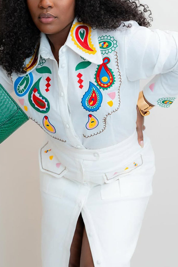 Western Graphic Print Shirt & Single Breasted Skirt Set