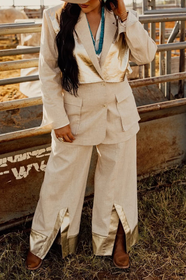 Western Linen Patchwork Jacket & Wide Leg Pants Set