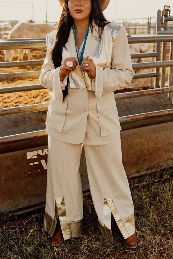 Western Linen Patchwork Jacket & Wide Leg Pants Set