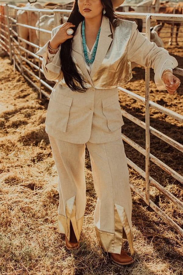 Western Linen Patchwork Jacket & Wide Leg Pants Set