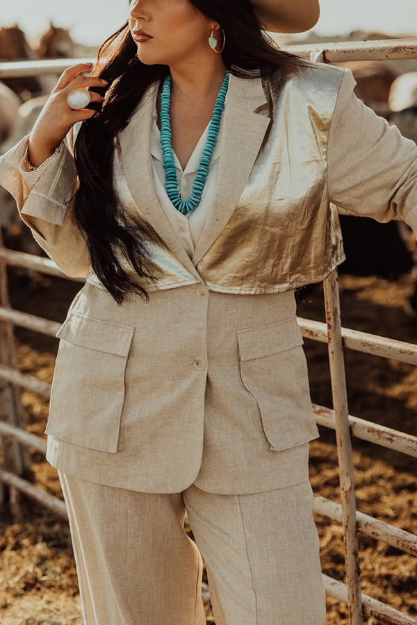 Western Linen Patchwork Jacket & Wide Leg Pants Set