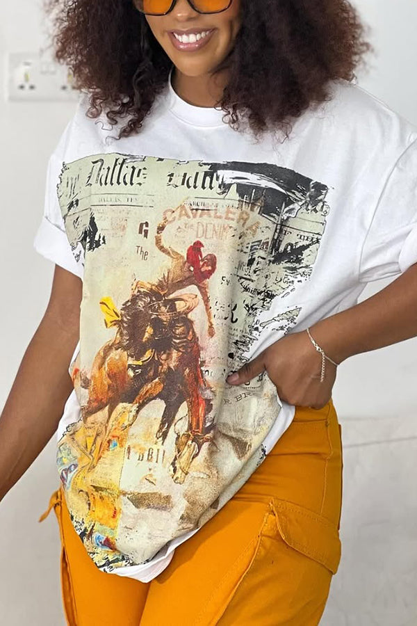 Western Graphic Print Cuffed Sleeve T-shirt