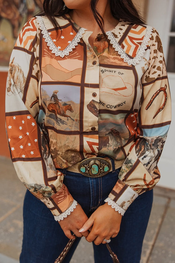 Western Graphic Print Lace Patchwork Shirt