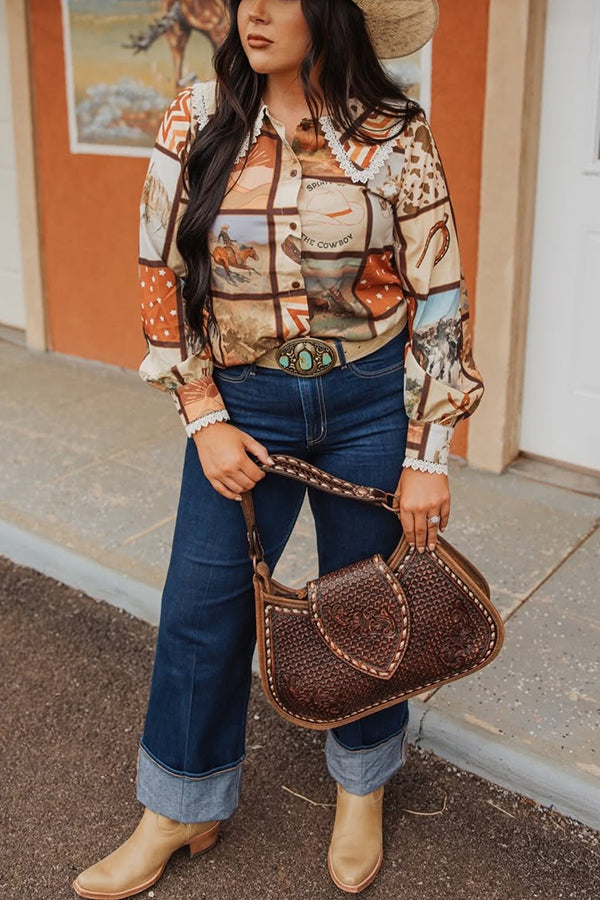 Western Graphic Print Lace Patchwork Shirt