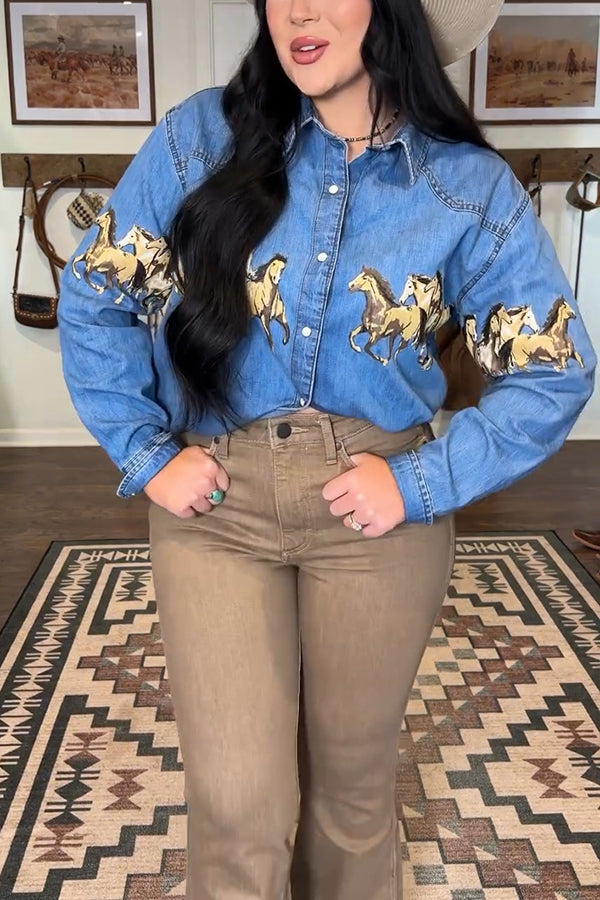 Western Animal Print Dropped Shoulder Denim Shirt