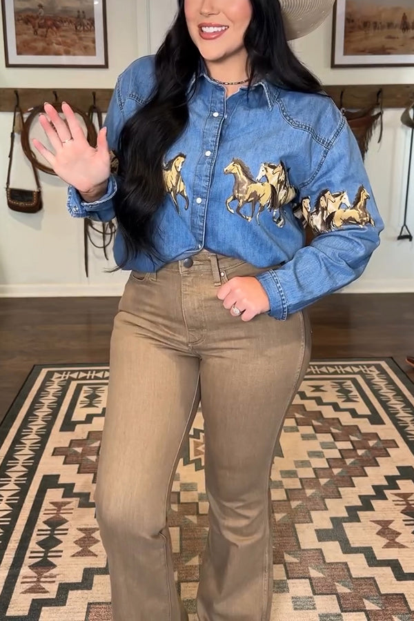 Western Animal Print Dropped Shoulder Denim Shirt