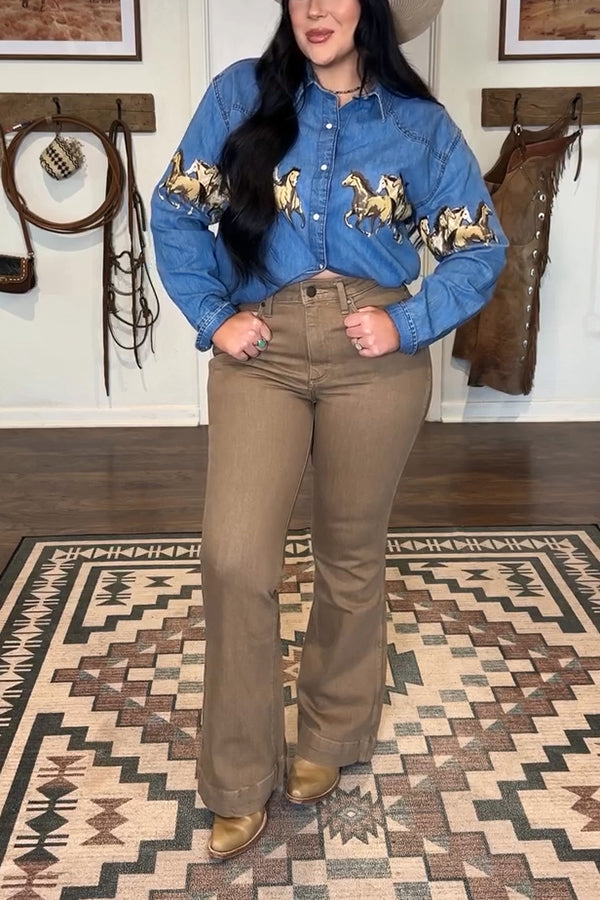Western Animal Print Dropped Shoulder Denim Shirt