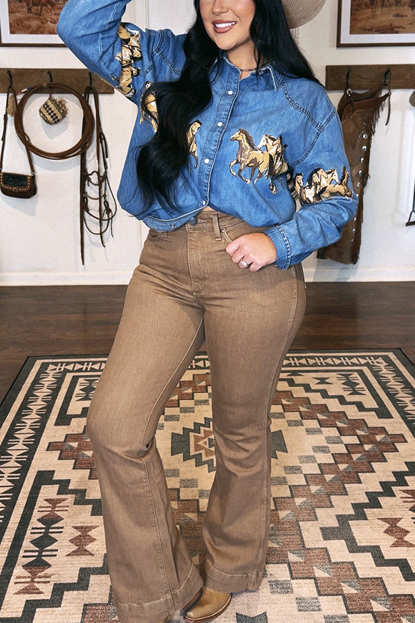 Western Animal Print Dropped Shoulder Denim Shirt