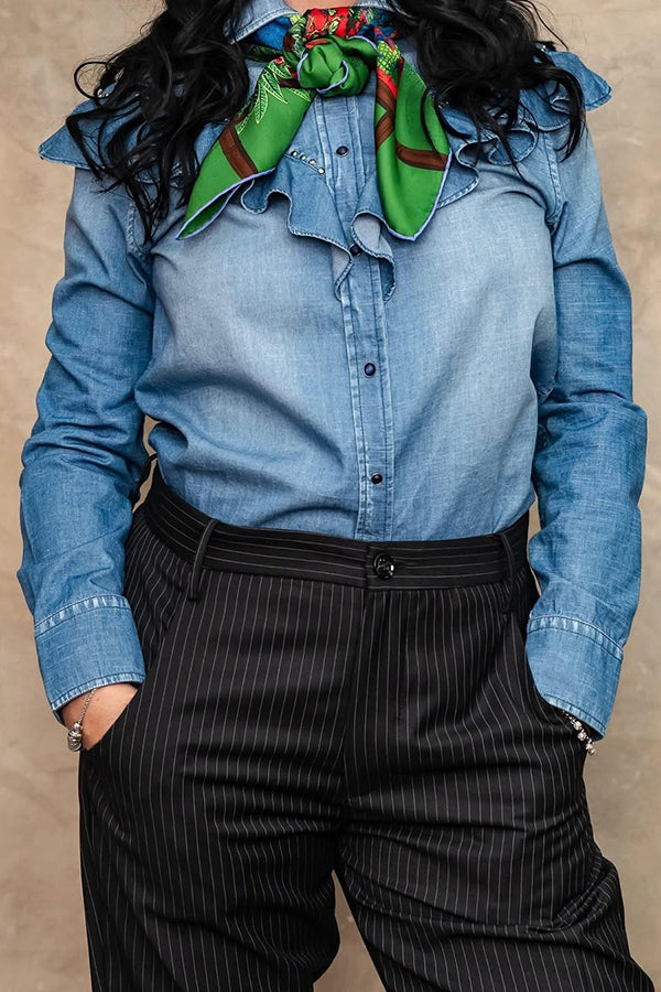 Western Beaded Ruffled Patchwork Washed Denim Shirt