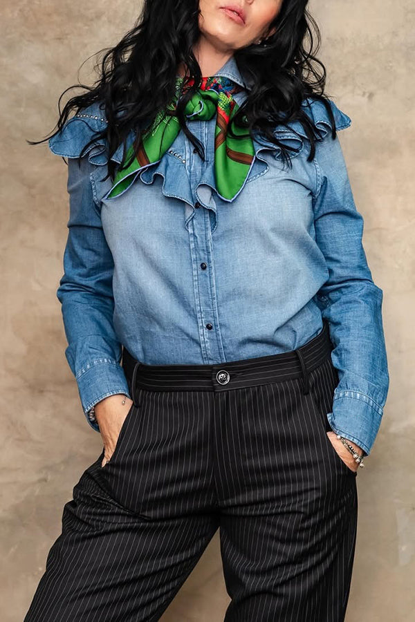 Western Beaded Ruffled Patchwork Washed Denim Shirt