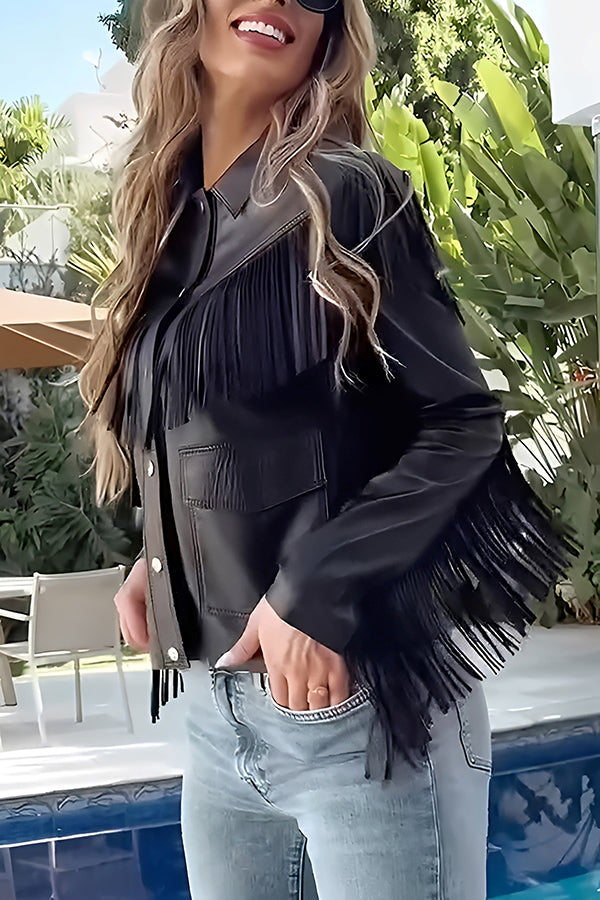 Western Tassel Patchwork Double Pocket PU Jacket