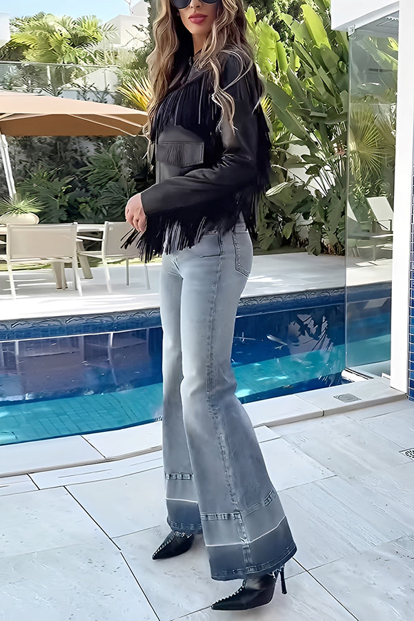 Western Tassel Patchwork Double Pocket PU Jacket