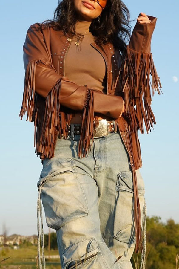 Western Beaded Tassel Patchwork Zipper PU Jacket