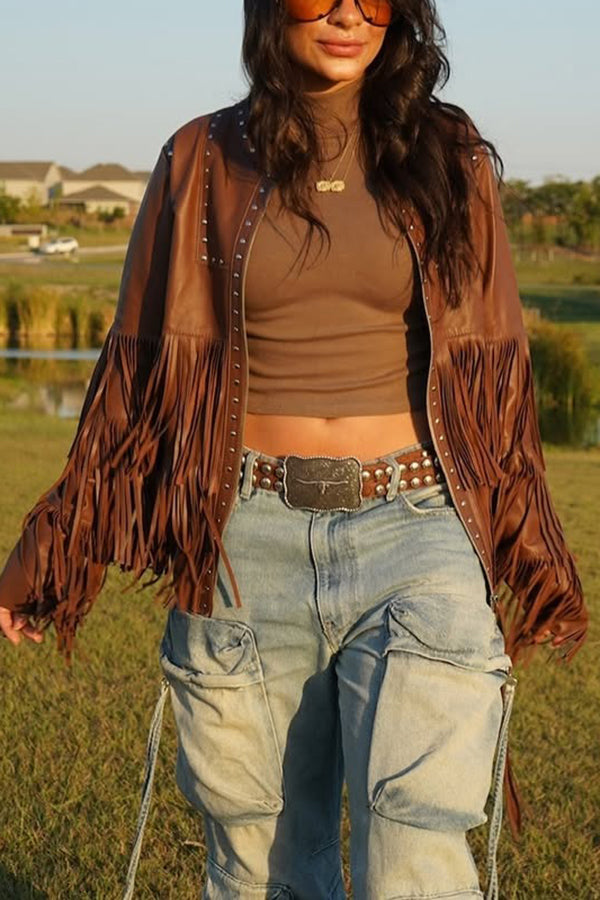 Western Beaded Tassel Patchwork Zipper PU Jacket