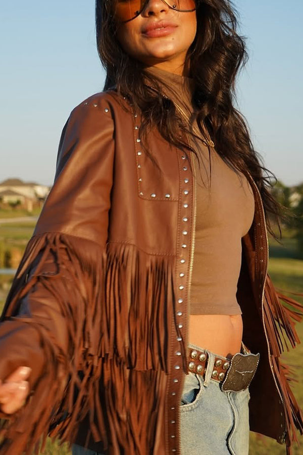 Western Beaded Tassel Patchwork Zipper PU Jacket