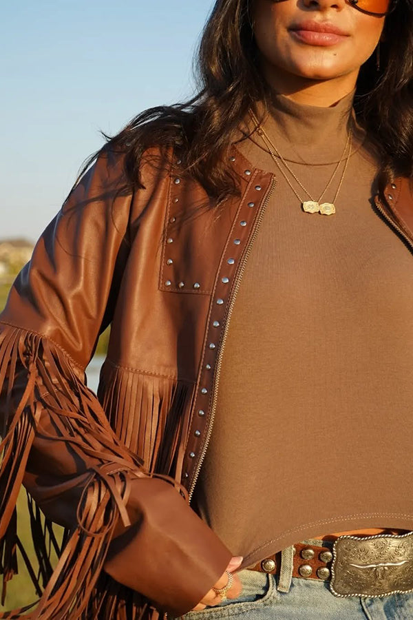 Western Beaded Tassel Patchwork Zipper PU Jacket