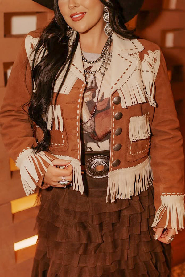 Western Style Trim Tassel Patchwork Single Breasted Jacket
