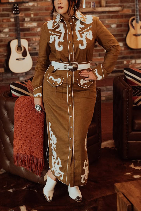 Western Style Lace Patchwork Single Breasted Maxi Dress