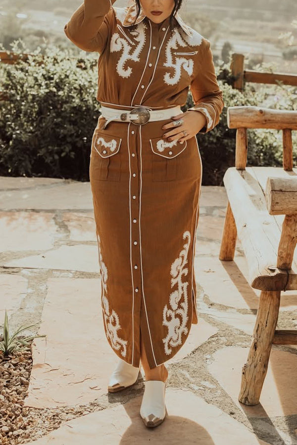 Western Style Lace Patchwork Single Breasted Maxi Dress