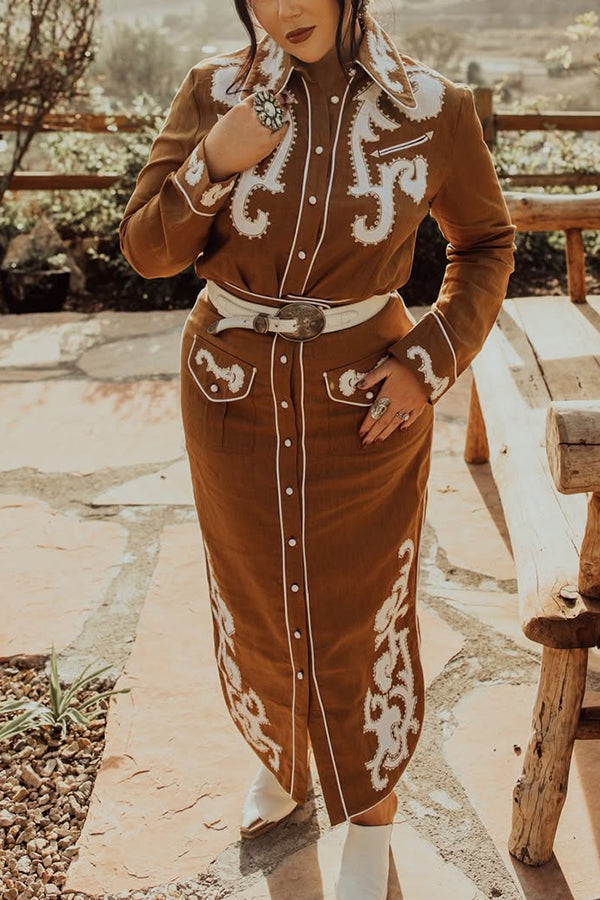 Western Style Lace Patchwork Single Breasted Maxi Dress