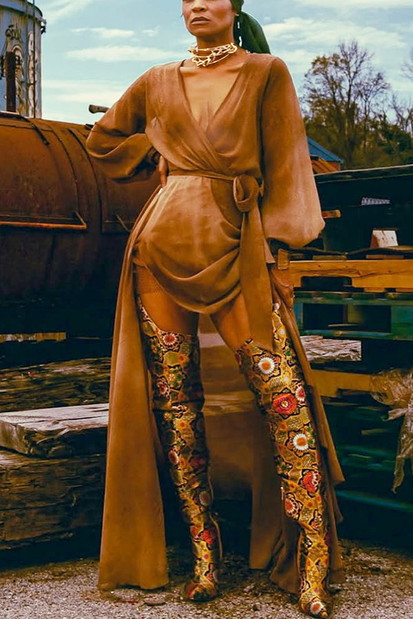 Western Deep V-neck Cross Belted Asymmetric Maxi Dress