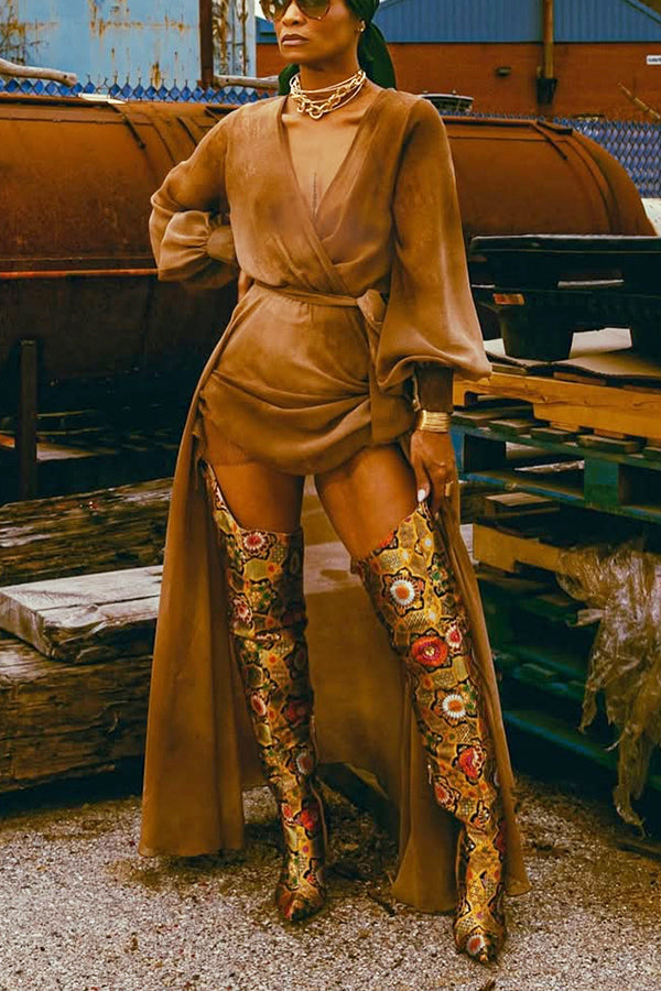 Western Deep V-neck Cross Belted Asymmetric Maxi Dress