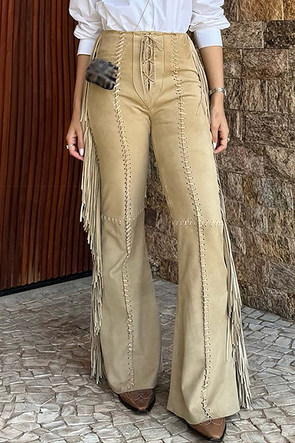 Western Style Tassel Lacing High Waist Flared Pants