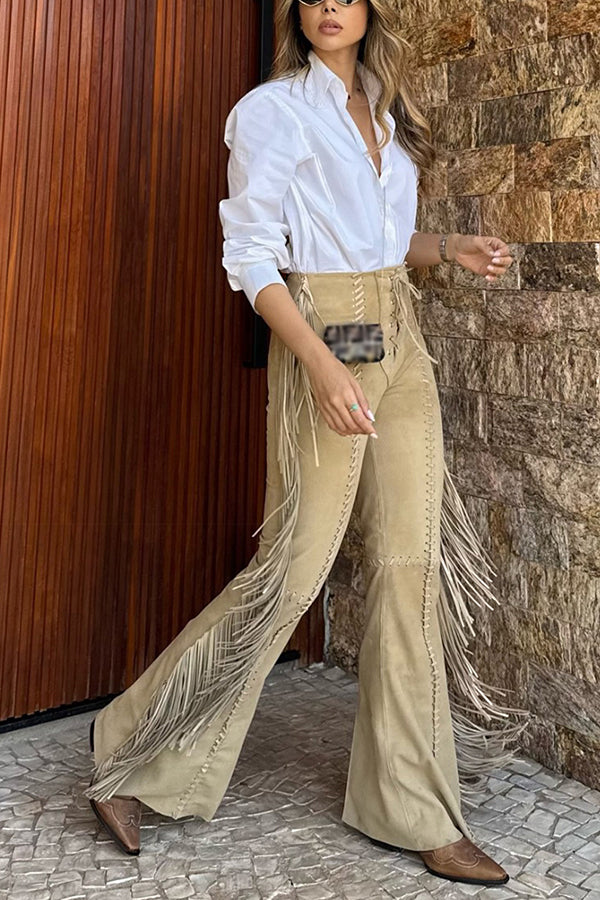 Western Style Tassel Lacing High Waist Flared Pants