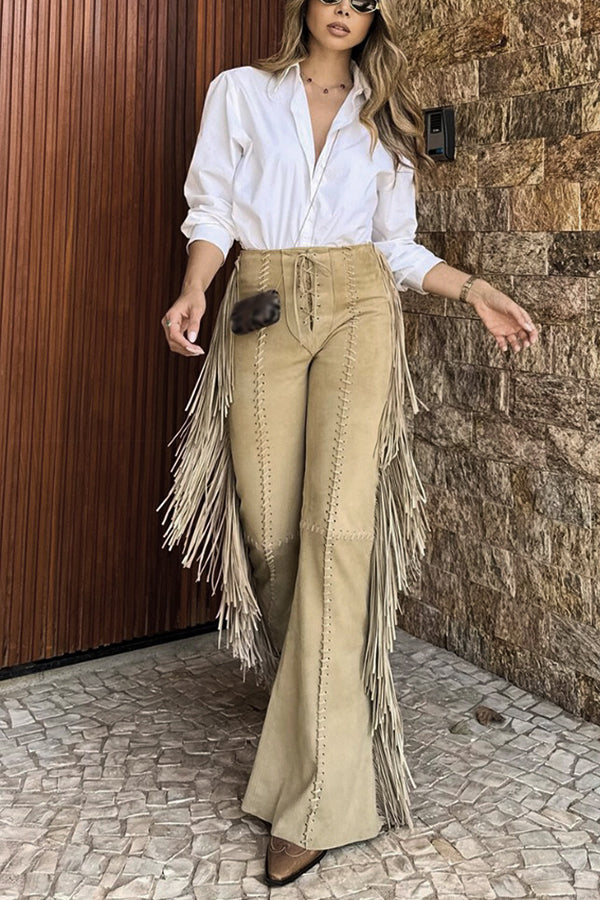 Western Style Tassel Lacing High Waist Flared Pants