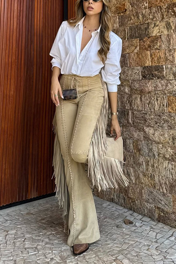 Western Style Tassel Lacing High Waist Flared Pants