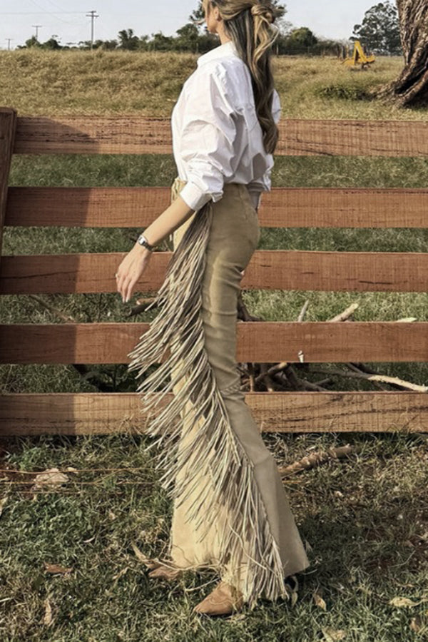 Western Style Tassel Lacing High Waist Flared Pants