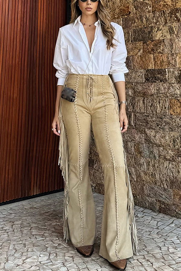 Western Style Tassel Lacing High Waist Flared Pants