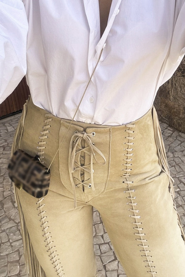 Western Style Tassel Lacing High Waist Flared Pants