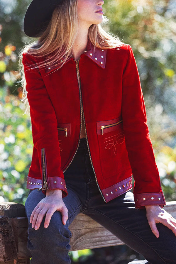 Western Style PU Patchwork Zipper Pocket Jacket