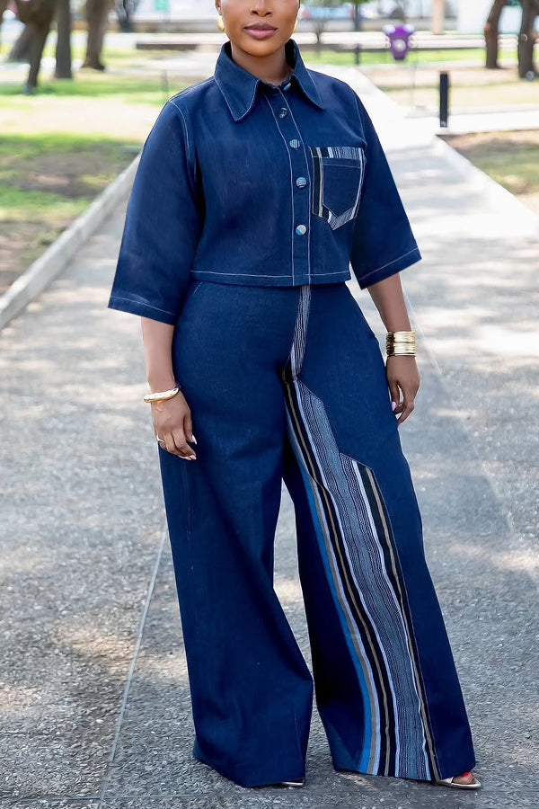Vintage Denim Print Shirt & Wide Leg Jeans Set