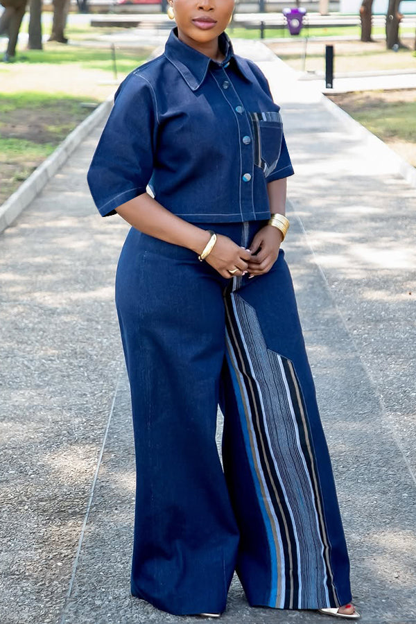 Vintage Denim Print Shirt & Wide Leg Jeans Set