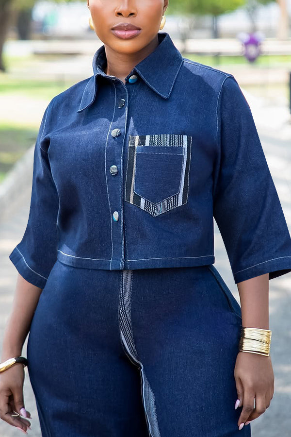 Vintage Denim Print Shirt & Wide Leg Jeans Set
