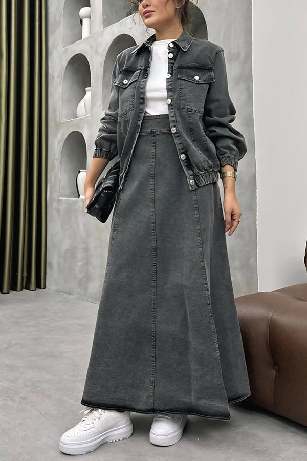 Street Style Denim Jacket & Ruffled Maxi Skirt Set