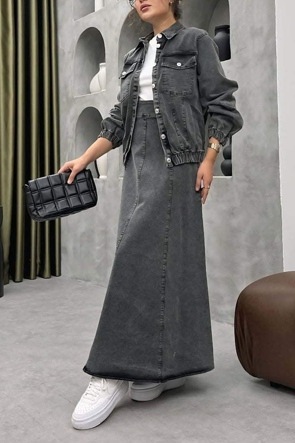 Street Style Denim Jacket & Ruffled Maxi Skirt Set
