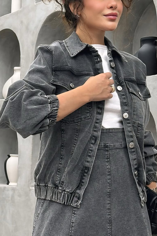 Street Style Denim Jacket & Ruffled Maxi Skirt Set