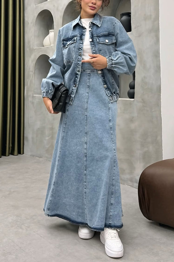 Street Style Denim Jacket & Ruffled Maxi Skirt Set