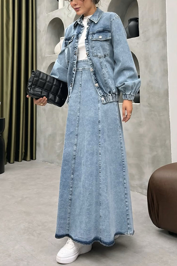 Street Style Denim Jacket & Ruffled Maxi Skirt Set