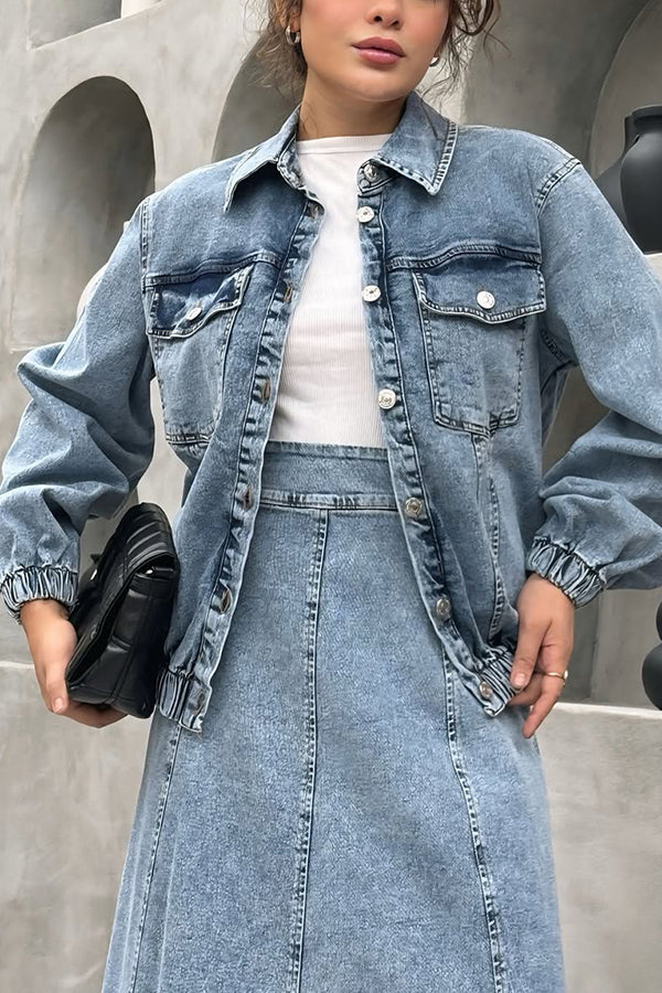 Street Style Denim Jacket & Ruffled Maxi Skirt Set