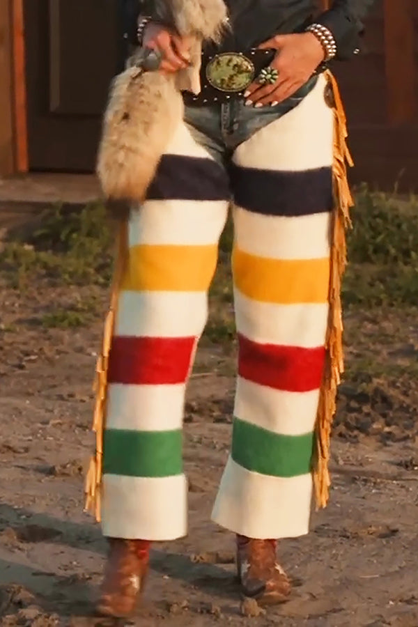 Western Tassel Color Block Patchwork Wide Leg Pants