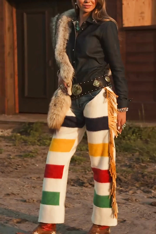 Western Tassel Color Block Patchwork Wide Leg Pants
