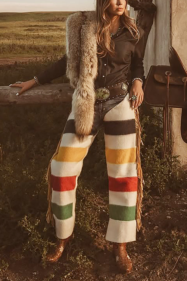 Western Tassel Color Block Patchwork Wide Leg Pants