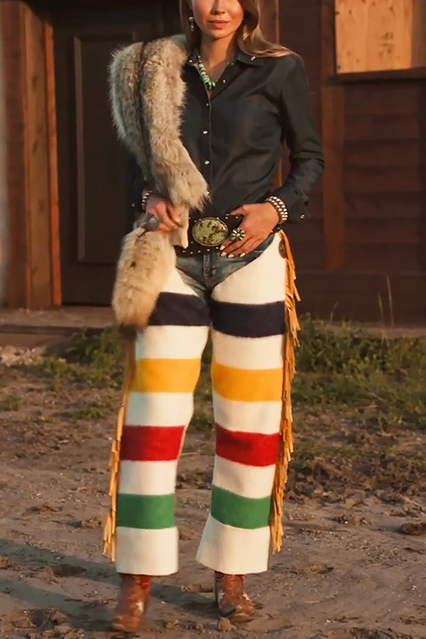 Western Tassel Color Block Patchwork Wide Leg Pants