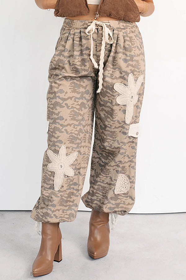 Chic Crochet Detail Drawstring Denim Camouflage Jogging Pants