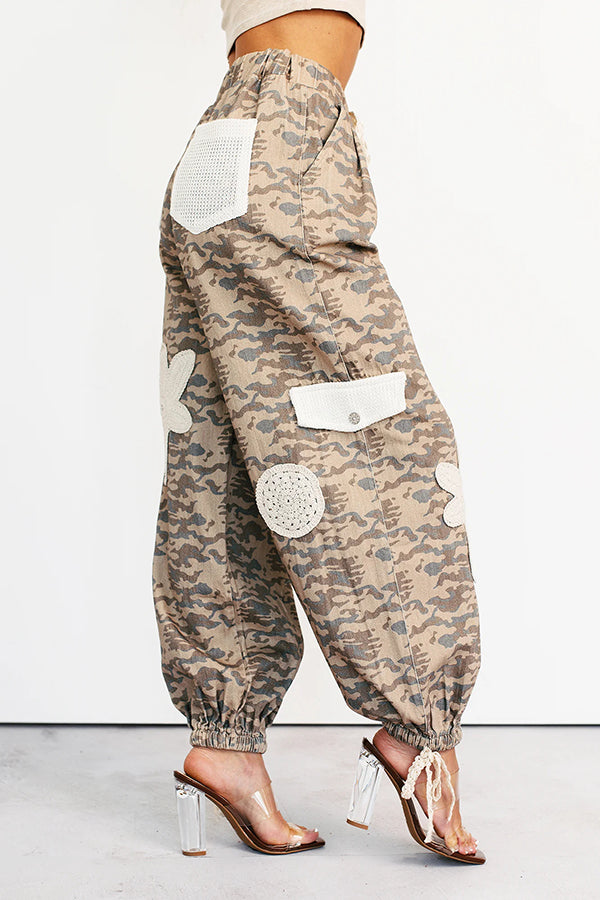 Chic Crochet Detail Drawstring Denim Camouflage Jogging Pants