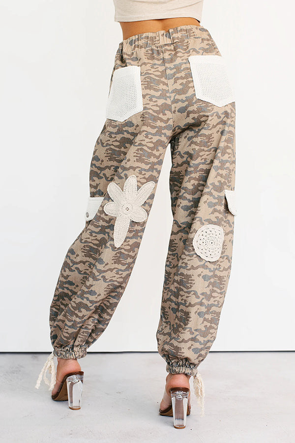 Chic Crochet Detail Drawstring Denim Camouflage Jogging Pants